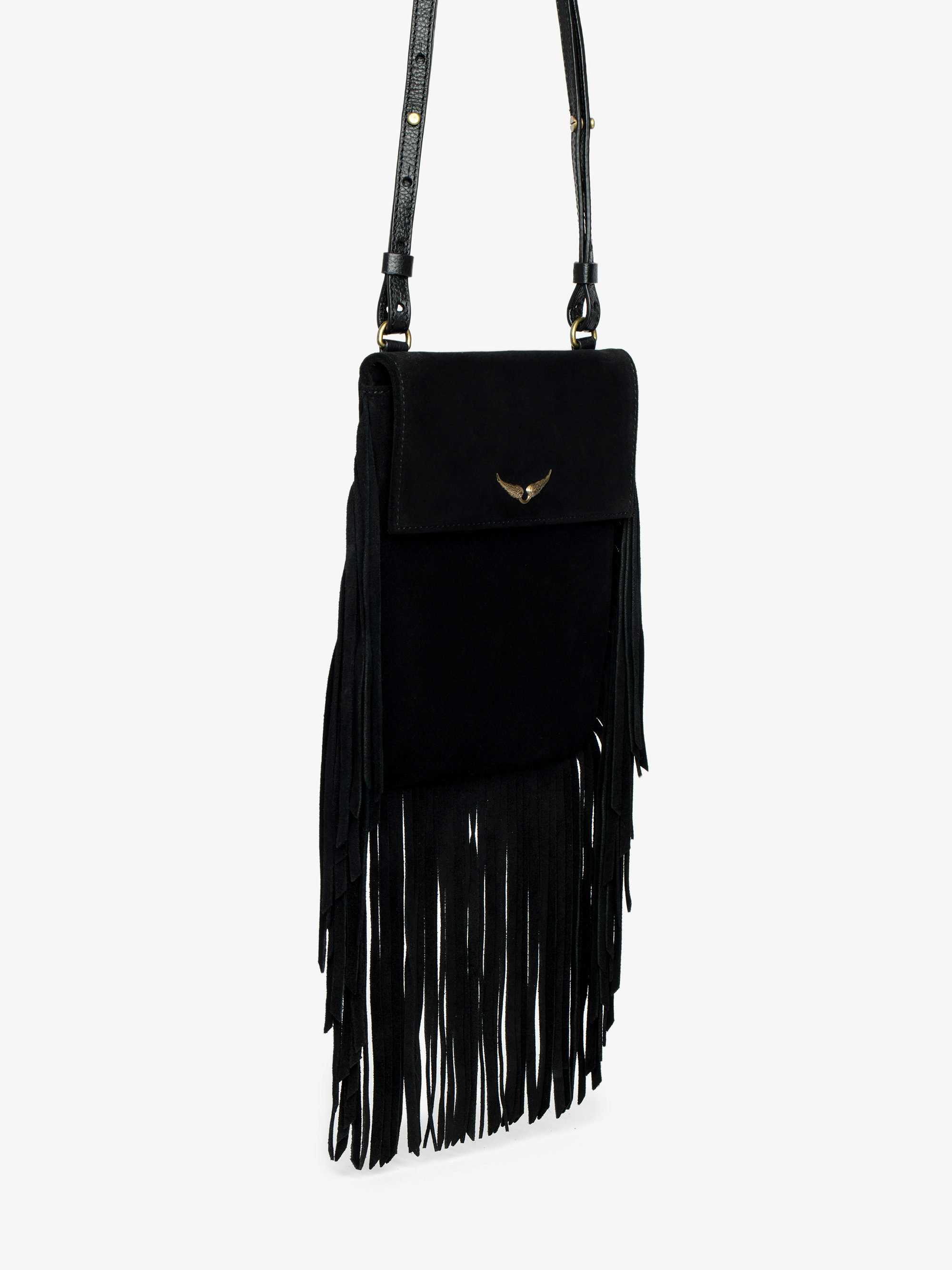 Rockson Nano Suede Clutch - Suede pochette with signature wings and shoulder strap.